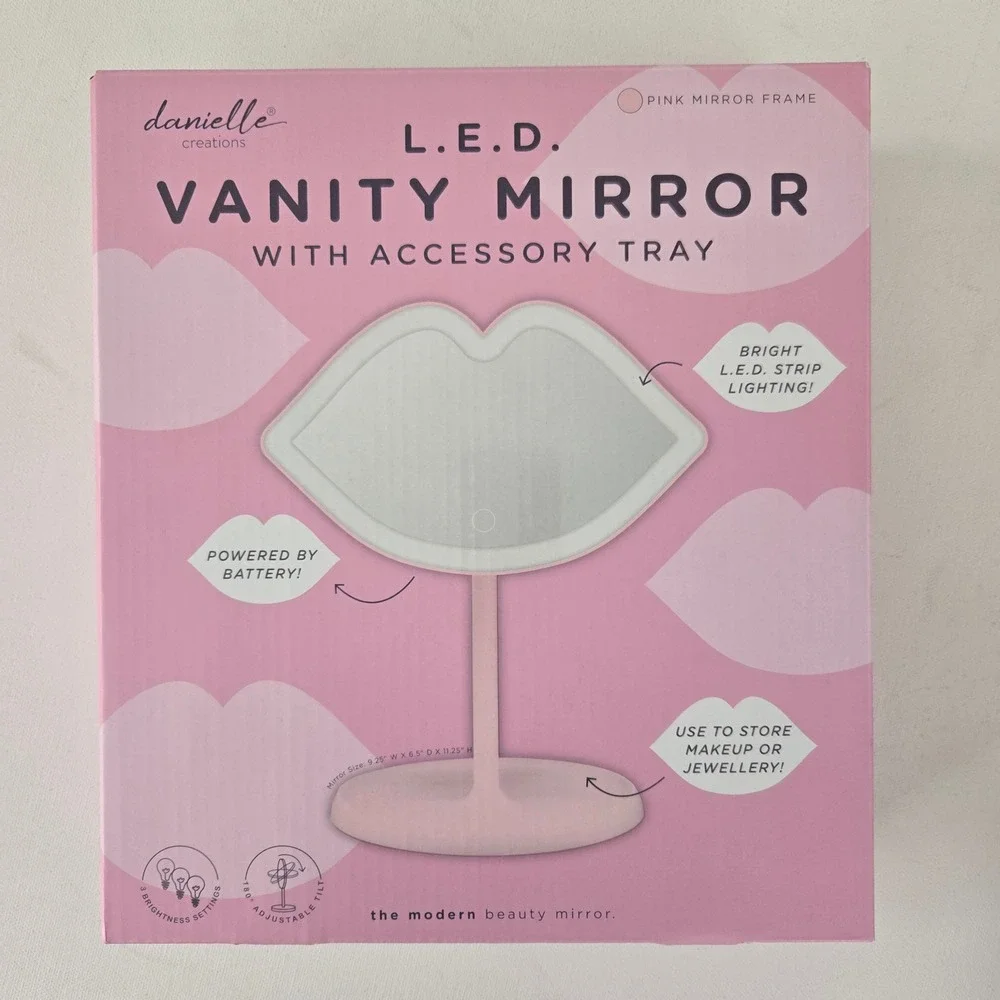 Danielle Creations Vanity Mirror Pink Lip Shaped LED Lighted Accessory Tray y2k